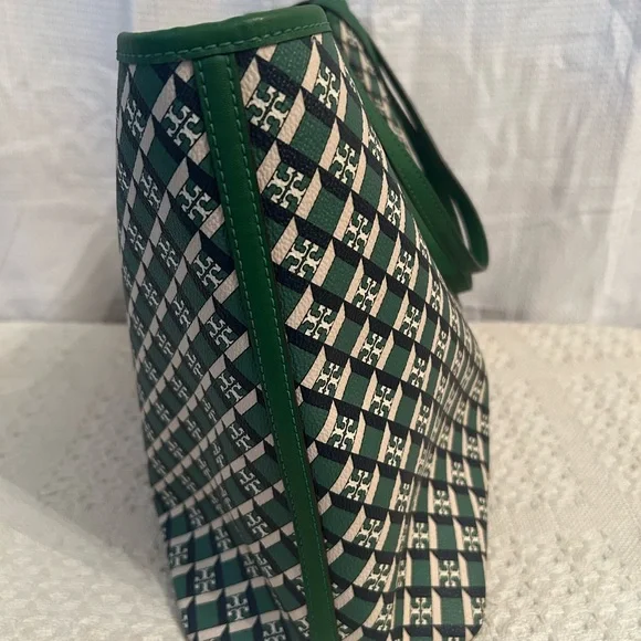 Tory Burch Green Navy Cream Geometric Print Tote - Picture 4 of 7